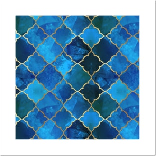 Sapphire Gemstone & Gold Moroccan Tile Pattern Posters and Art